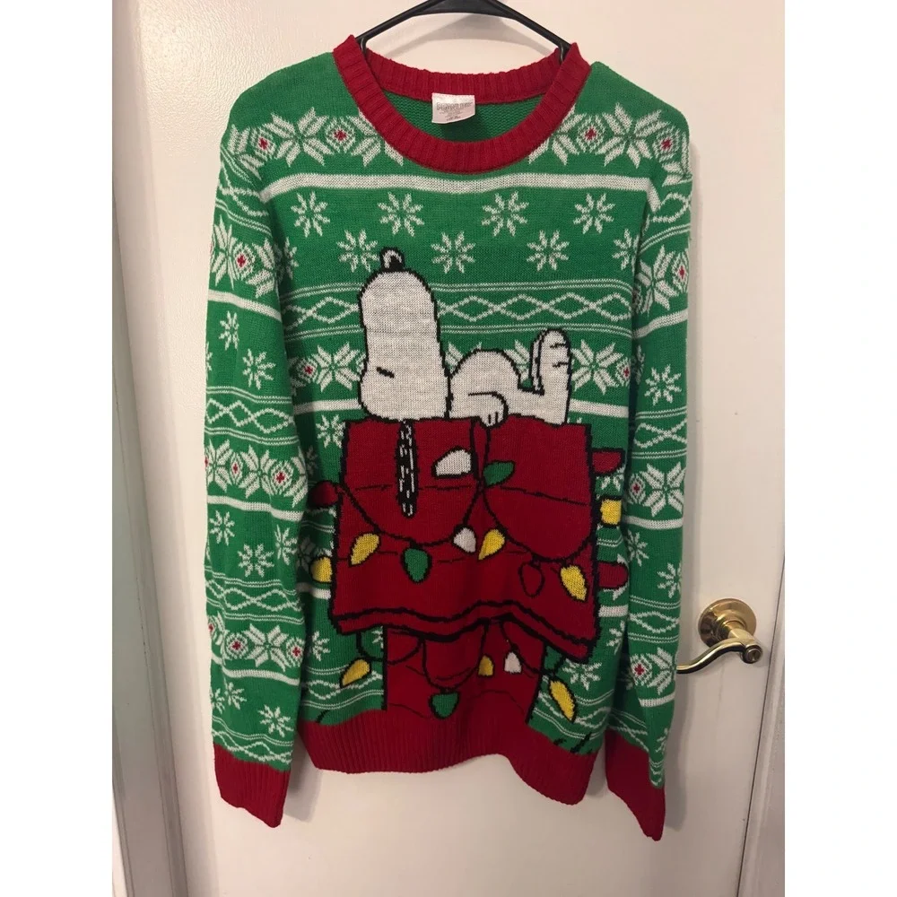 Peanuts Snoopy Ugly Christmas Sweater Green Fair Isle Doghouse Mens Medium 38-40